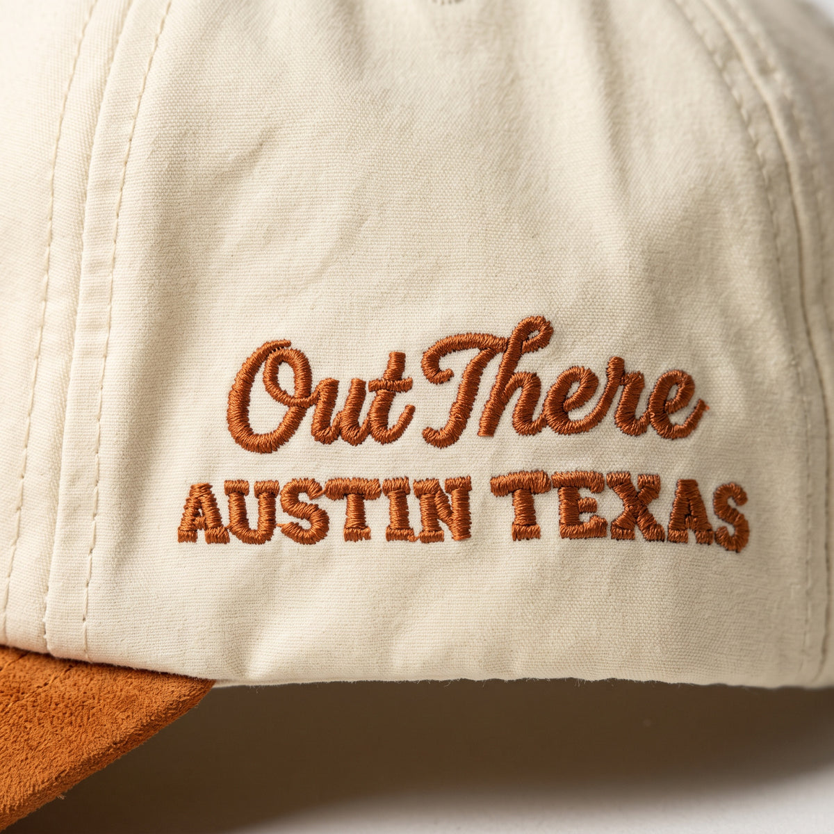 Burnt orange suede hat, unstructured, side embroidery detail