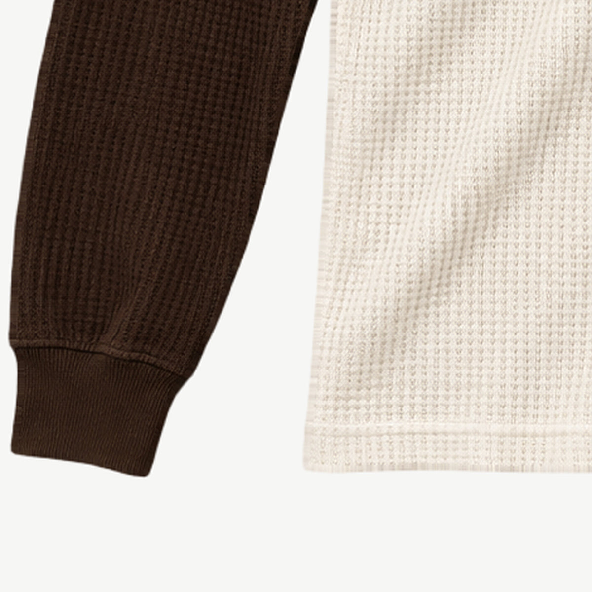 Close-up of the brown rib cuff on the Egret & Brown Waffle Raglan