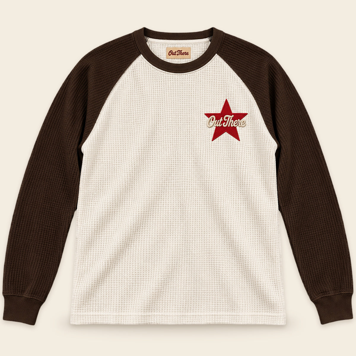 The Egret & Brown Waffle Raglan, front view on Egret background
