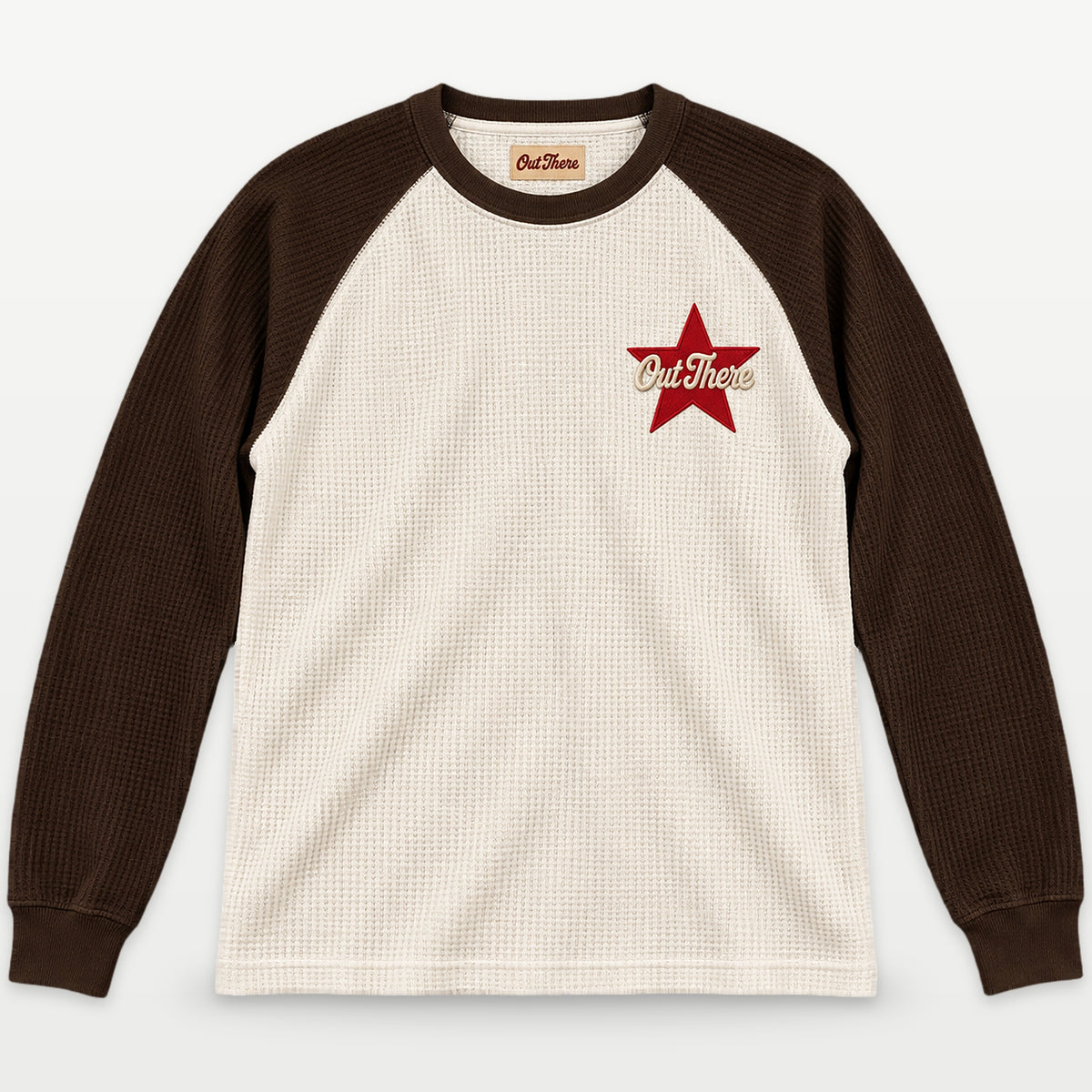 The Egret & Brown Waffle Raglan, front view studio shot