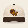 Out There Wear OTW varsity cap, cream crown with brown brim - front view