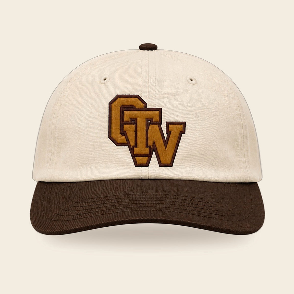 Out There Wear OTW varsity cap, cream crown with brown brim - front view