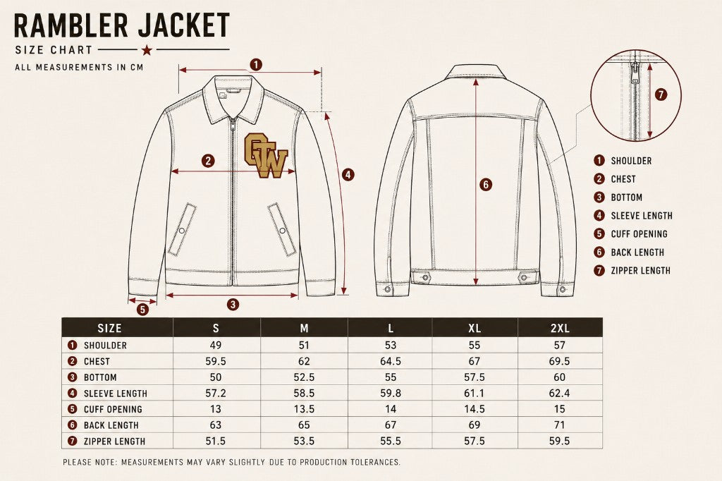 Rambler Jacket size chart. Measurements in centimeters for shoulder, chest, bottom, sleeve length, cuff opening, back length, and zipper length, sizes S through 2XL.