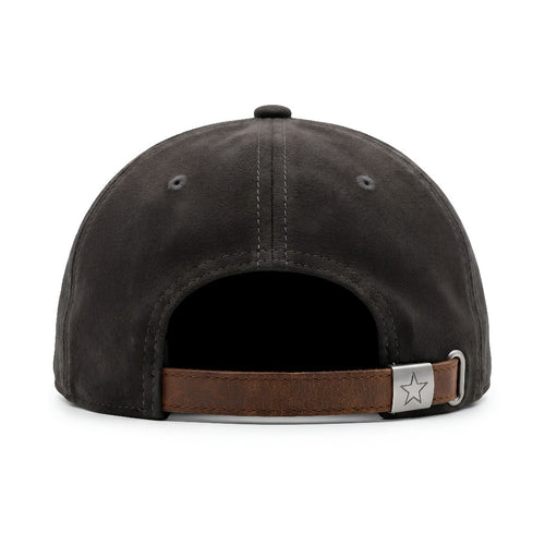 Black suede buckle-back hat — back buckle detail