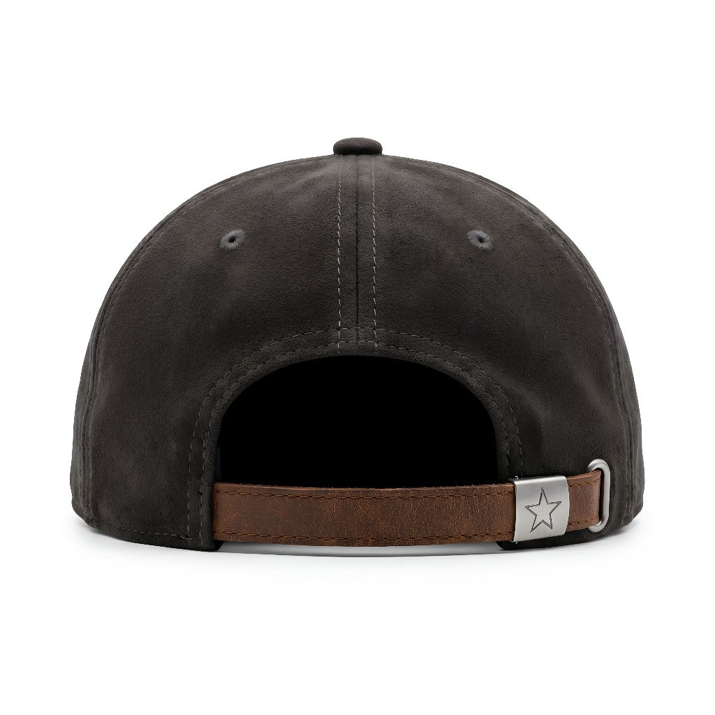 Unstructured black suede buckle-back hat — back buckle detail