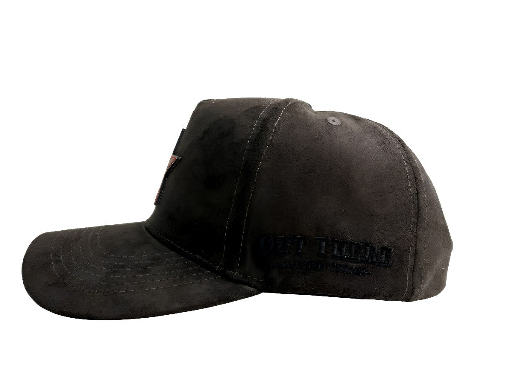 Black suede buckle-back hat — side view