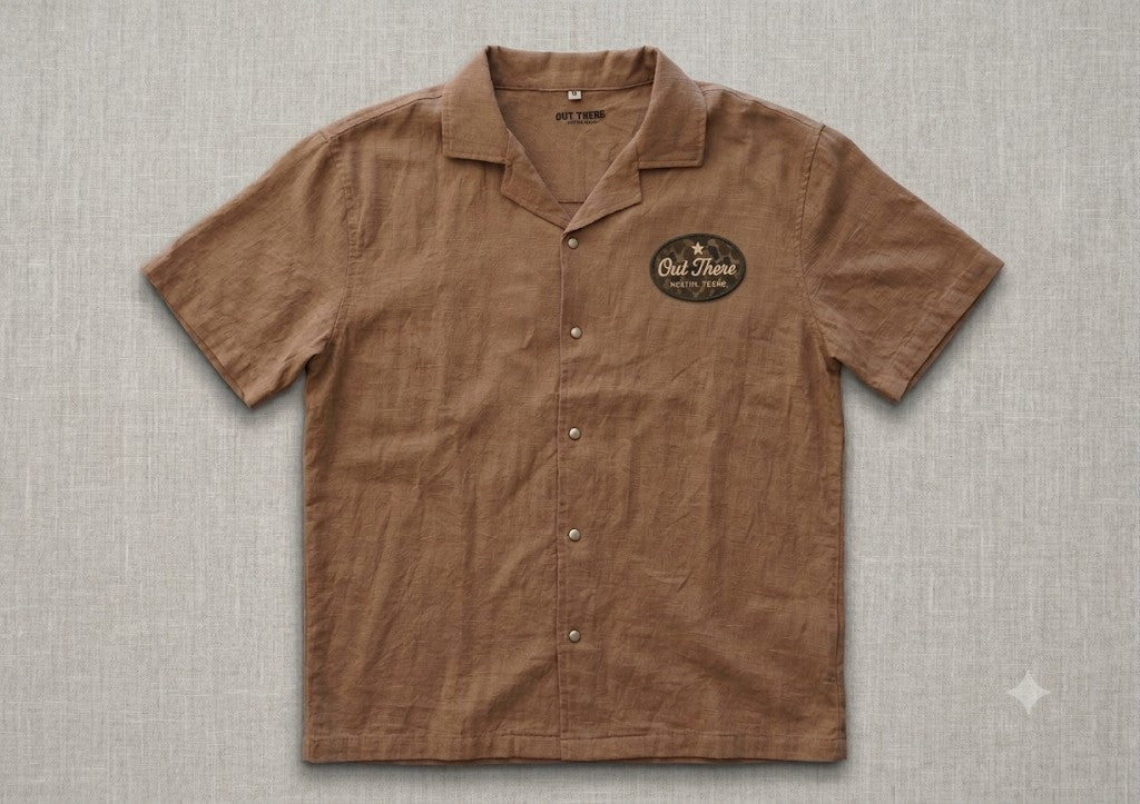 Pearl Snap Camp Shirt with green embroidered patch - front