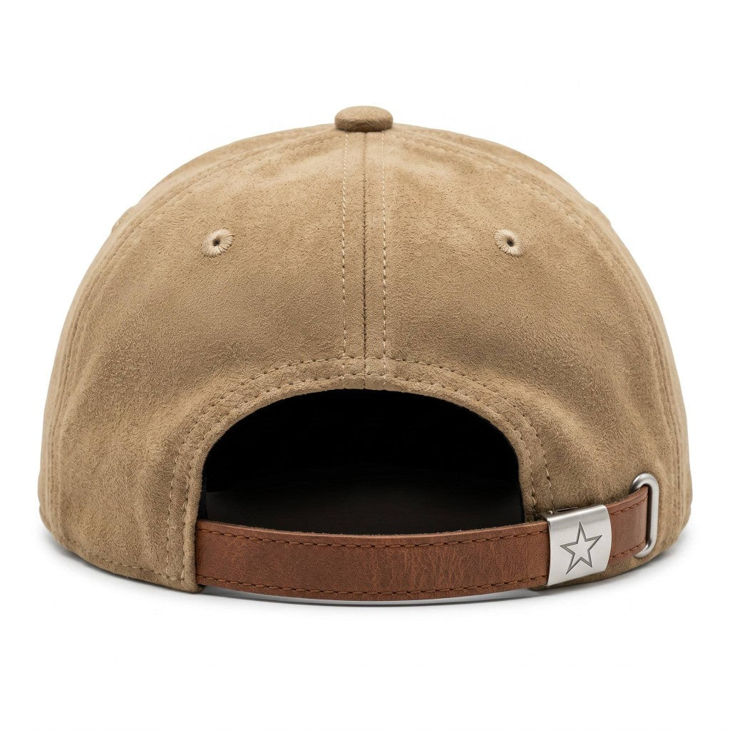 Unstructured tan suede buckle-back hat — back buckle detail