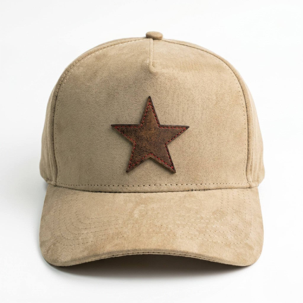 Tan suede buckle-back hat - front view