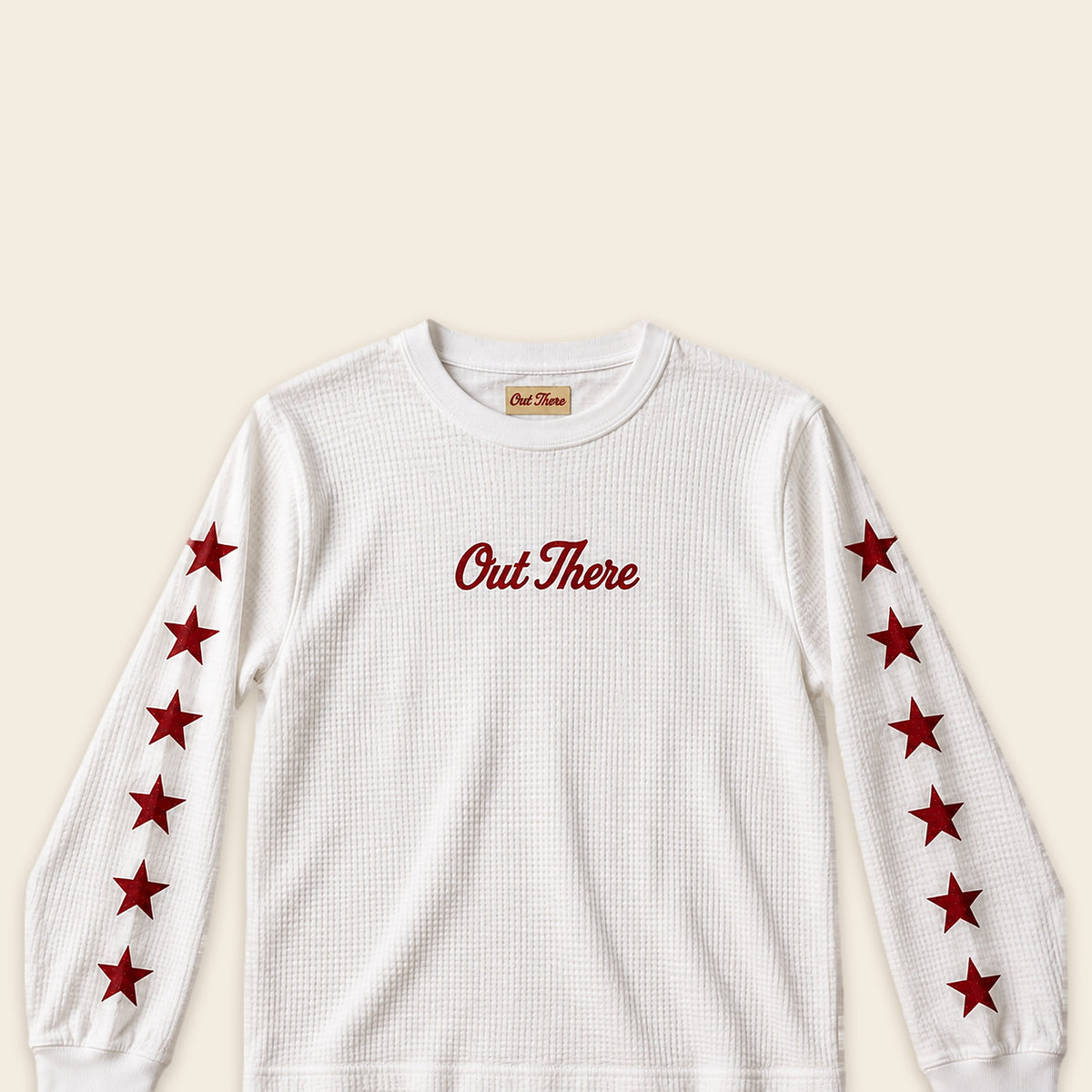 The White Waffle Script Long Sleeve, front view on Egret background